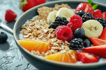 A delicious bowl of oatmeal topped with a variety of fresh fruits and crunchy nuts. Perfect for a healthy breakfast or snack