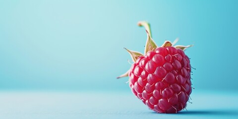 A vibrant, ripe raspberry resting on a smooth blue surface. Perfect for food photography or...