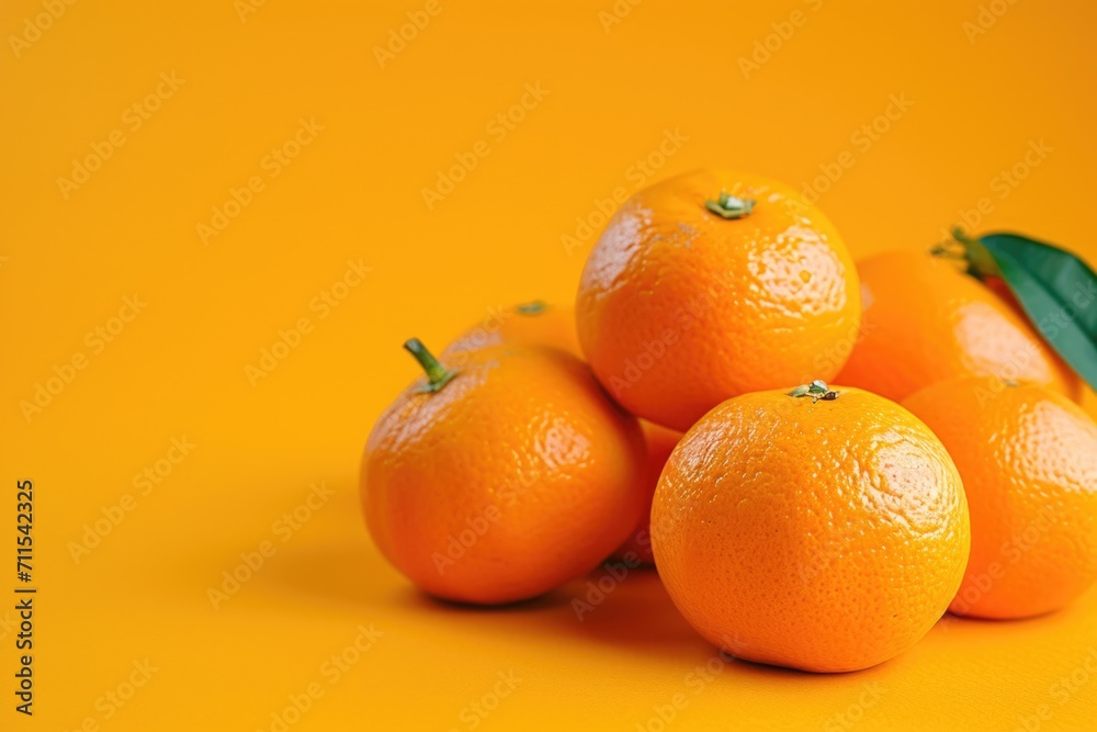 Poster a stack of oranges with fresh green leaves on top. perfect for food and nutrition-related projects