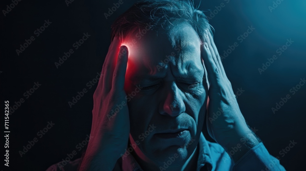 Poster a picture of a man wearing a red light on his head. this image can be used to represent innovation, 