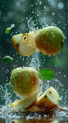 Apples suspended in the air, splashing with water