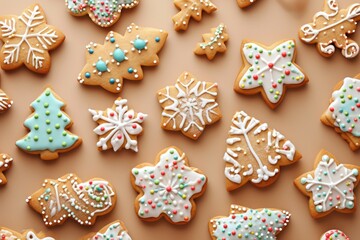A variety of beautifully decorated cookies displayed on a table. Perfect for festive occasions or sweet treats.