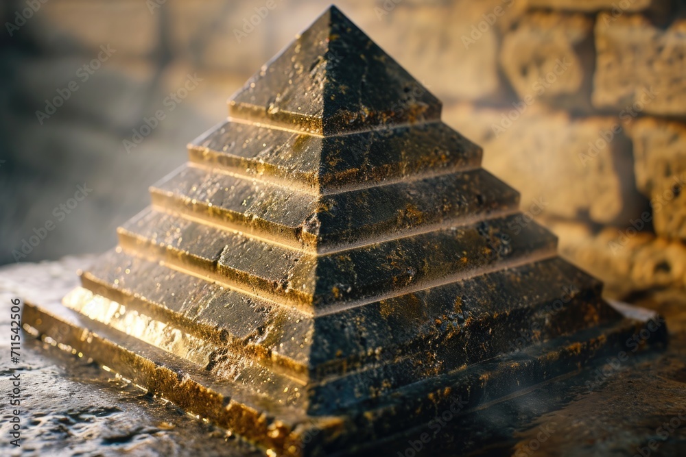 Poster A close up of a stone pyramid on a table. Ideal for adding a touch of mystery and spirituality to your projects