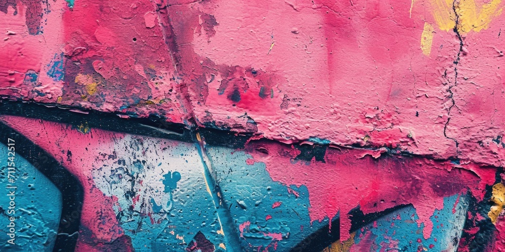Poster a vibrant wall covered in red and blue graffiti. perfect for urban art enthusiasts or to add a pop o