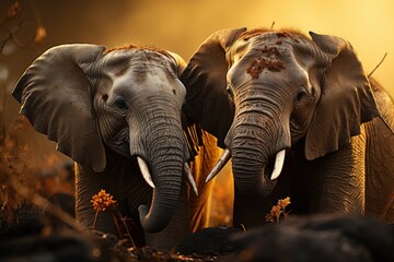 Two majestic elephants, one indian and one african, proudly stand side by side, their impressive tusks glistening in the sunlight, representing the strength and beauty of these magnificent terrestria