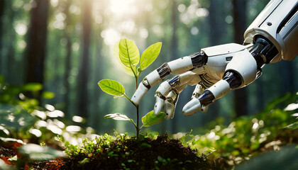 Close-up of a humanoid robot hand touching a small plant with green leaves in a forest. Green technology and environmental conservation concept. Generative Ai.