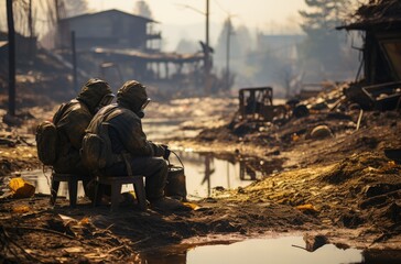Amidst a desolate landscape, two figures donning gas masks sit upon a chair, clutching a weapon as they survey the violence and destruction that has ravaged the sky and ground, with a sense of desper
