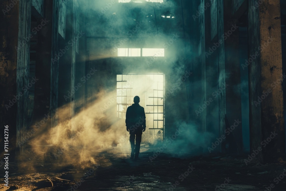 Poster a person is standing in a dark room with smoke billowing out. this image can be used to depict myste