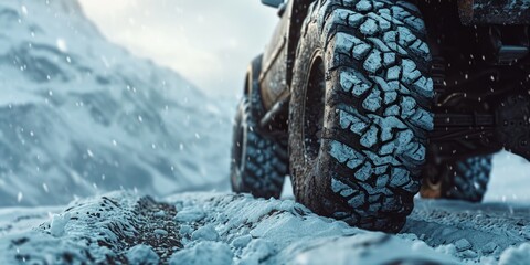 A close-up view of a vehicle covered in snow. This image can be used to depict winter weather conditions or the challenges of driving in snowy conditions - obrazy, fototapety, plakaty