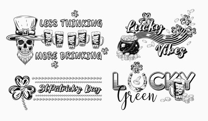 St Patricks Day black and white Labels with holiday objects, text on white background. Skull, beer, pot with coins. For clothing, apparel, T-shirts, holiday stuff, goods decoration Vintage style