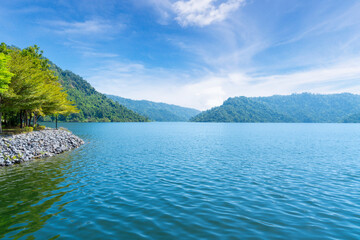 Scenery of Lake and big mountain with blue sky.