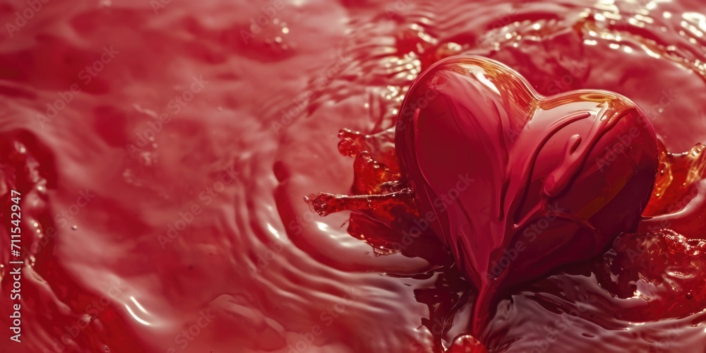 Poster a heart shaped object floating in a red liquid. can be used for valentine's day or love-themed conce