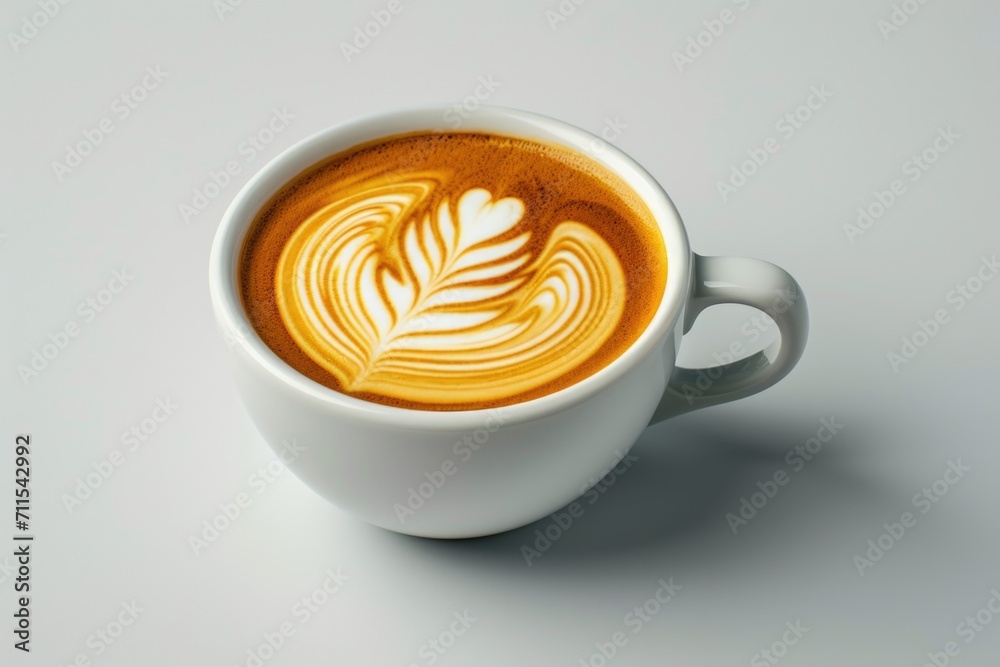 Poster a cup of coffee featuring a beautiful leaf design. perfect for adding a touch of nature to your coff