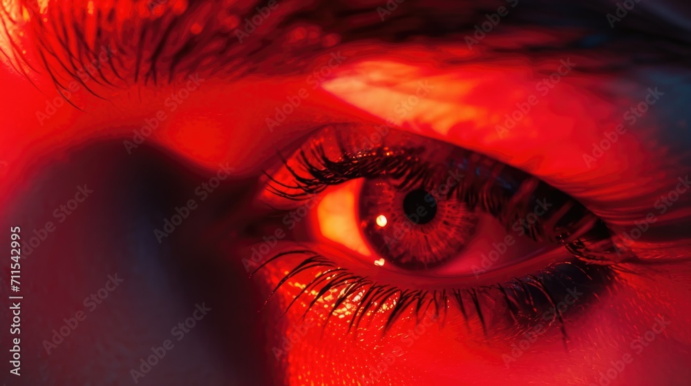 Poster a close-up view of a person's eye with a vibrant red light shining on it. perfect for conveying inte