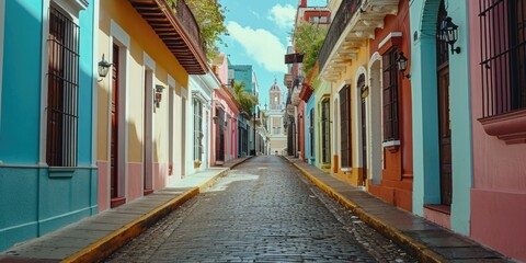 A picturesque scene of vibrant buildings lining a charming cobblestone street. Perfect for travel and architecture themes