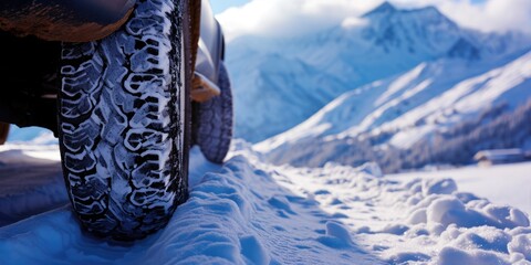 A car is parked in the snow near a majestic mountain. This image can be used to showcase winter landscapes or for travel and adventure themes