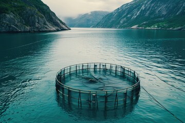 A fish trap floating in the middle of a body of water. This image can be used to illustrate fishing techniques or the concept of trapping fish - obrazy, fototapety, plakaty