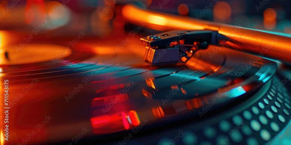 Poster a detailed close-up view of a record player's turntable. perfect for music enthusiasts and vintage l