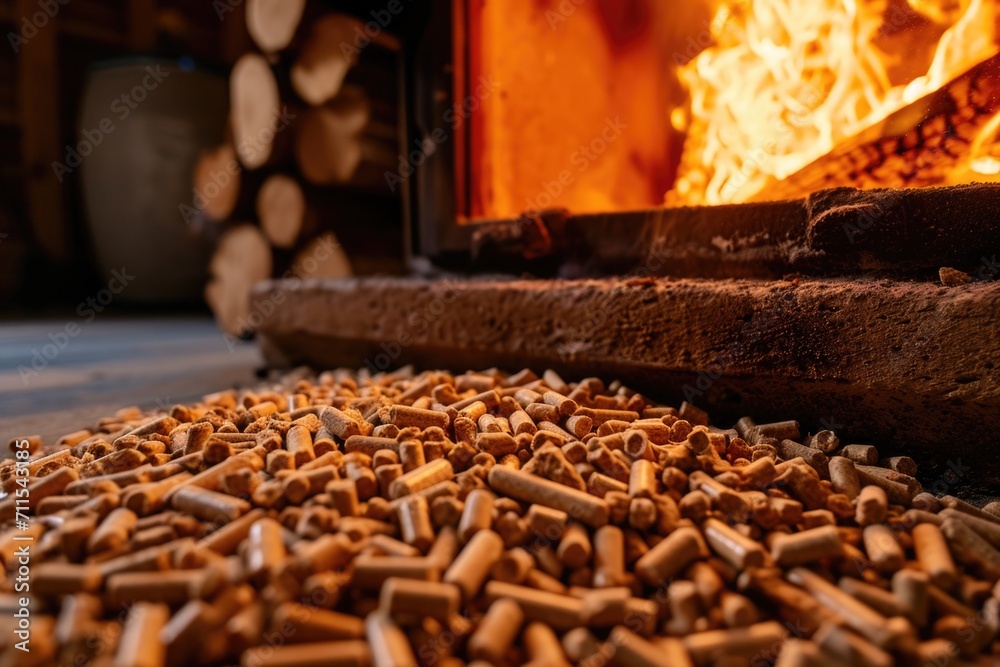 Poster a pile of wood next to a cozy fireplace. perfect for creating a warm and inviting atmosphere.