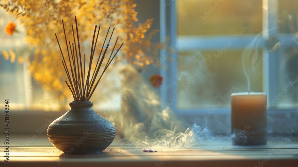 Aufkleber A simple yet elegant vase with incense sticks placed in front of a window, creating a peaceful and serene atmosphere. Ideal for home decor or meditation-related projects