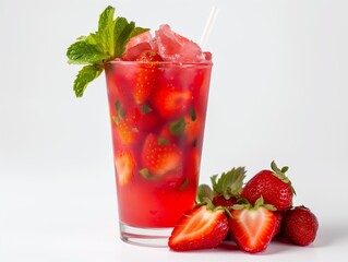 Design mockup. A sweet strawberryade, fresh strawberries adorning, in a clear glass. white background. Generative AI