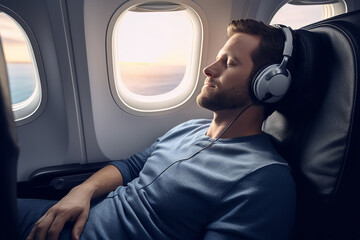 Traveler on a long-haul flight using wireless headphones for a relaxing experience - enjoying...