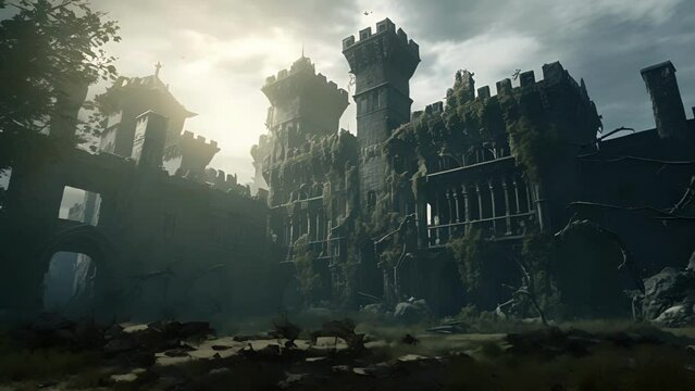 An old abandoned castle its towers stretching to the sky hiding soing sinister behind its walls.