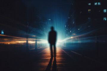 Silhouette of a lonely man walking in the dark, surrounded by shadows and mystery, on a foggy night street in an urban city. The concept of loneliness, depression, and fear is portrayed as he walks