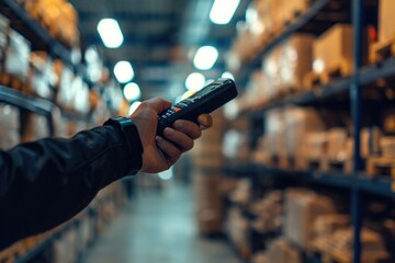 A hand holding a remote control in a warehouse. Can be used to depict technology, control, or industrial settings