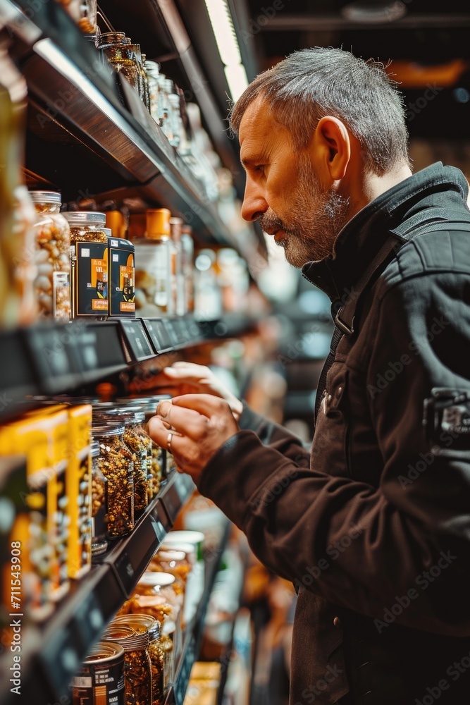 Aufkleber a man standing in a store, examining the different food items displayed on a shelf. suitable for ill