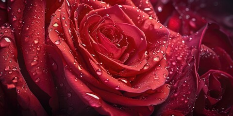 A stunning close-up image of a red rose with glistening water droplets. Perfect for adding a touch of elegance and beauty to any project