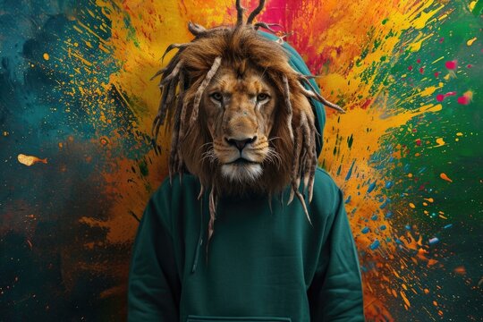 A man wearing a lion mask with dreads on his head. Suitable for costume parties and masquerades