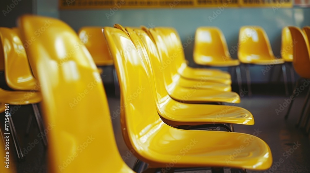 Poster a row of yellow chairs in a classroom. suitable for educational and school-related projects