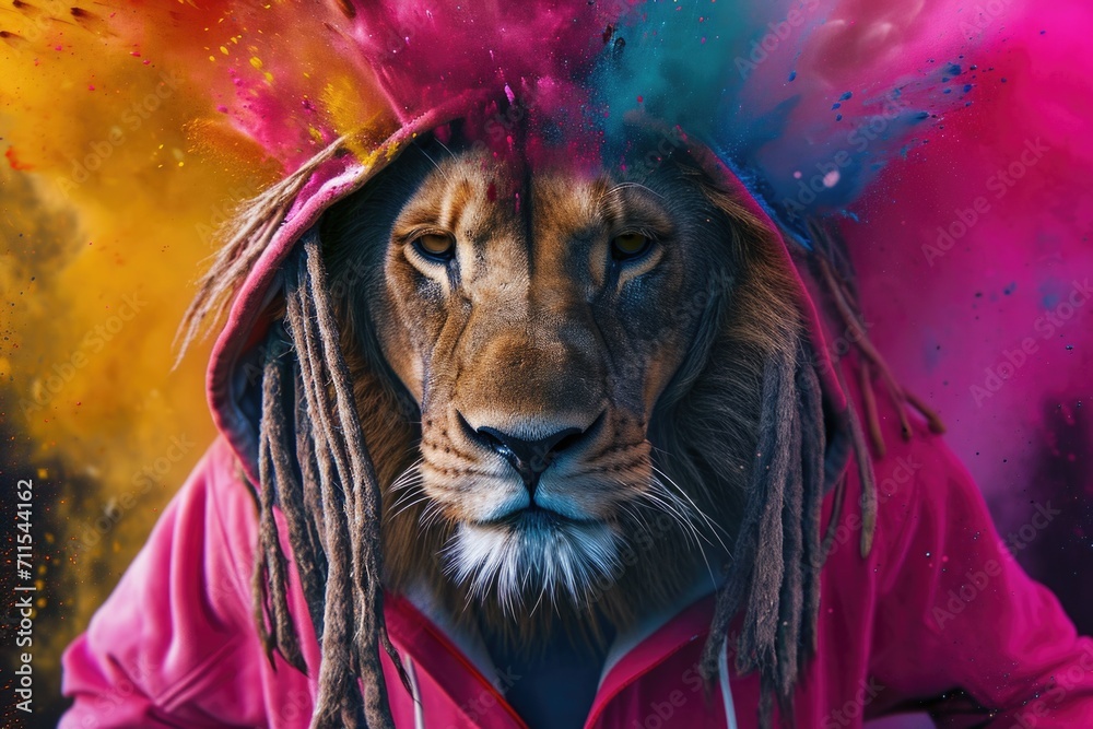 Aufkleber A lion with unique dreadlocks wearing a stylish pink jacket. Perfect for adding a touch of fun and personality to any project