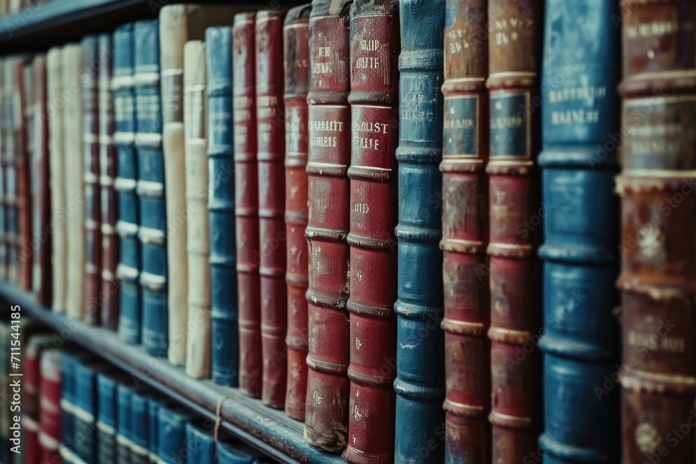 Poster a row of books on a shelf in a library. suitable for educational or literary-themed projects