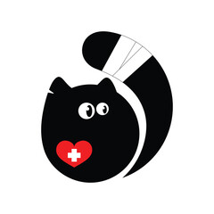 Funny cat with a red cross for a veterinary clinic logo. Simple flat vector style.