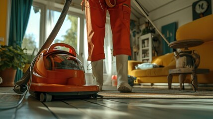 A person is seen vacuuming a wooden floor in a living room. This image can be used to depict household chores or cleaning activities