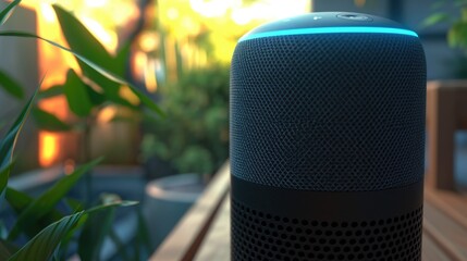 A smart speaker placed on a wooden table, perfect for home audio systems or smart home setups