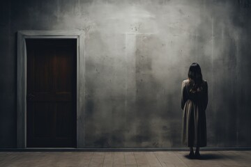 woman stands in front of an open door illustration - obrazy, fototapety, plakaty