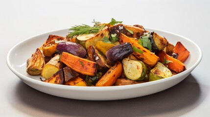 an assortment of golden-brown roasted vegetables, each piece glistening with savory perfection, elegantly arranged against a spotless white background.