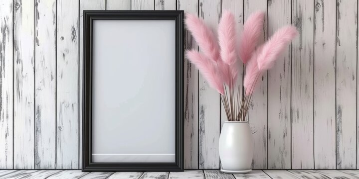White vase with pink flowers next to a picture frame. Suitable for home decor and interior design