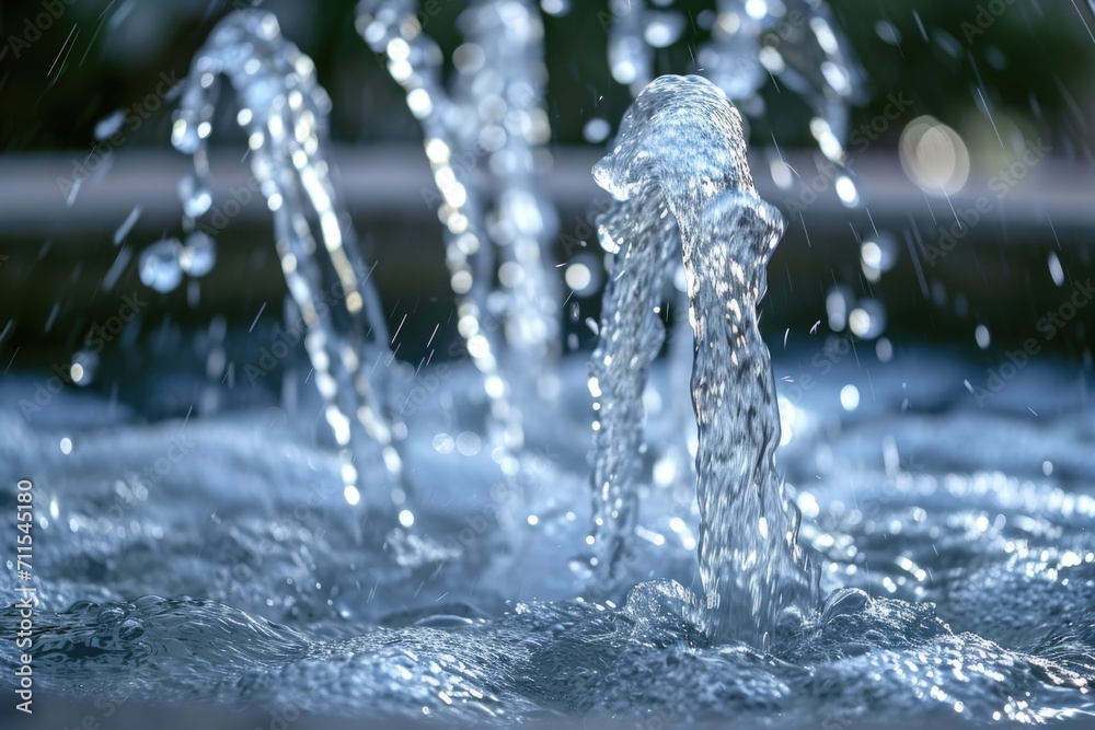 Poster Water pouring from a fountain in a close-up view. Ideal for adding a refreshing touch to any project