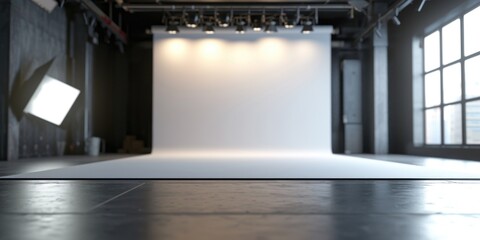 A professional photo studio with a white backdrop and well-lit with lights. Ideal for capturing high-quality images. Can be used for various photography purposes