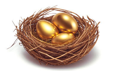 Beautiful three golden shiny egg in the nest. Concept of wealth, make money, investment growth