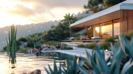 Fototapeta premium elegant little house in forest in tall pine trees, cozy wood terrace, in the style of wood walls and glass, minimalistic and clean, in the style of luxurious geometry