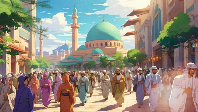 The mosque is in the middle of the city. Cartoon and anime vector painting illustration hand drawn style. Looping video 4k with animation background.