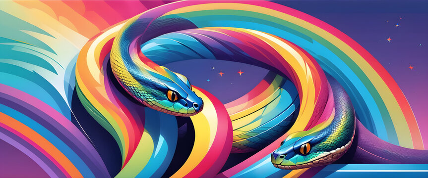 Two snakes with rainbow-colored bodies are entangled. Illustration depicting a colorful snake.