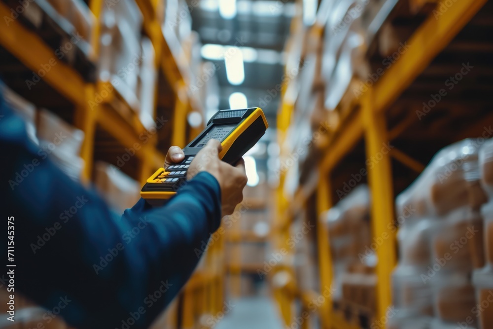 Aufkleber A person is seen holding a handheld device in a warehouse. This image can be used to depict technology usage in a warehouse setting