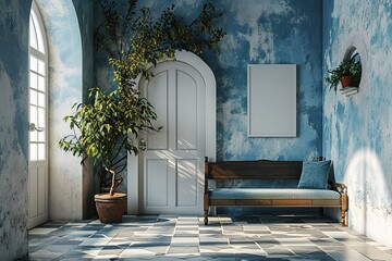 Santorini style interior with bench door and blank picture frame.3d rendering