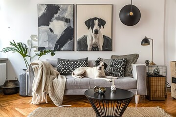 Stylish and scandinavian living room interior of modern apartment with gray sofa, design wooden commode, black table, lamp, abstrac paintings on the wall. Beautiful dog lying on the couch. Home decor